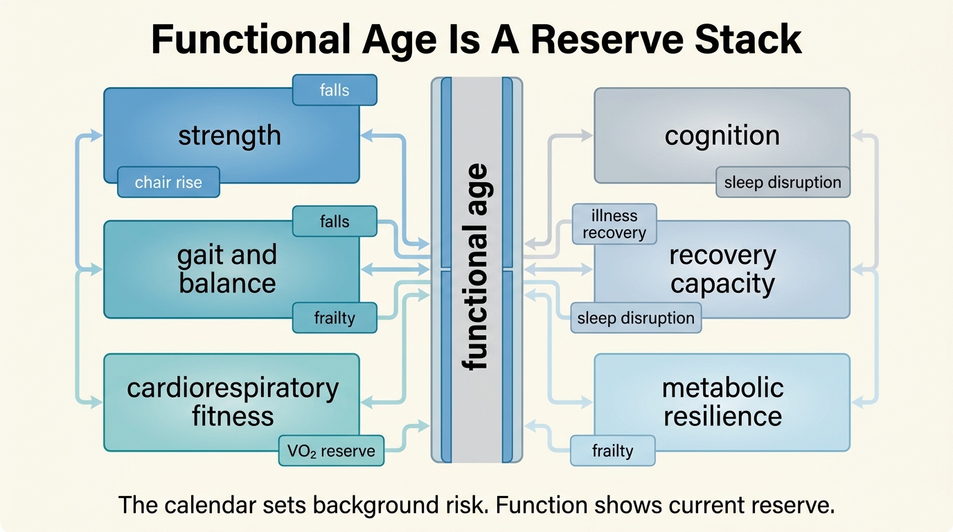 Editorial map showing functional age as a composite of strength, gait, aerobic capacity, cognition, recovery, and reserve rather than a single number.