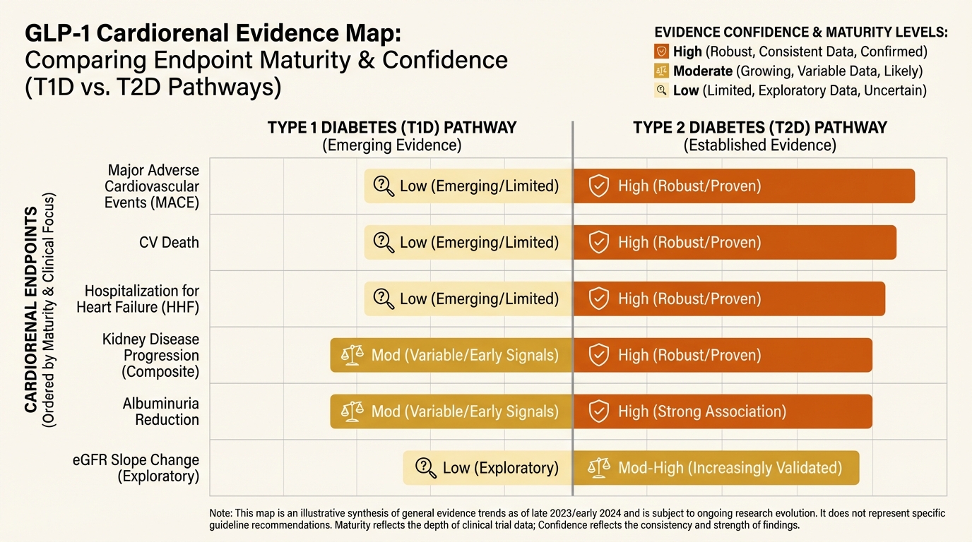 Cardiorenal evidence map for GLP-1 use across type 1 and type 2 populations with safety boundaries