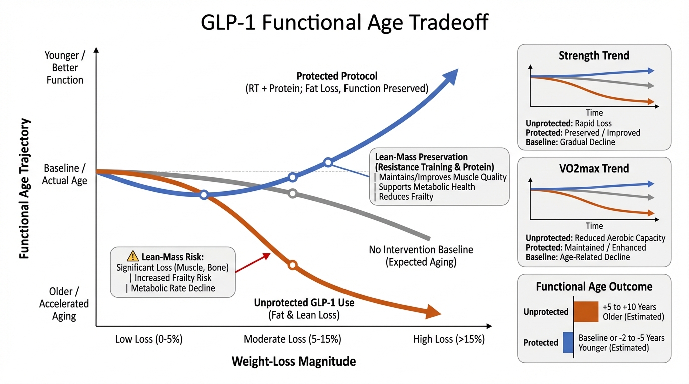 Chart showing when GLP-1 weight loss helps longevity and when functional age worsens