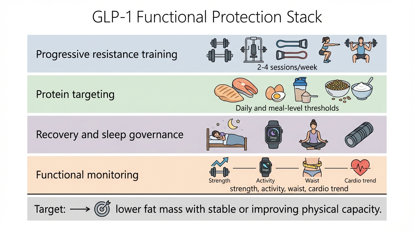 Infographic outlining four-part functional protection stack for GLP-1 therapy: resistance training, protein adequacy, recovery governance, and functional monitoring.