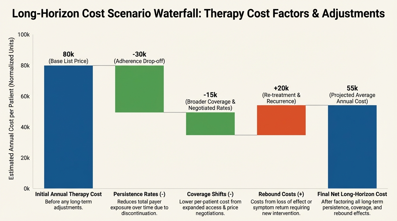 Cost scenario waterfall for long-horizon oral GLP-1 therapy planning.