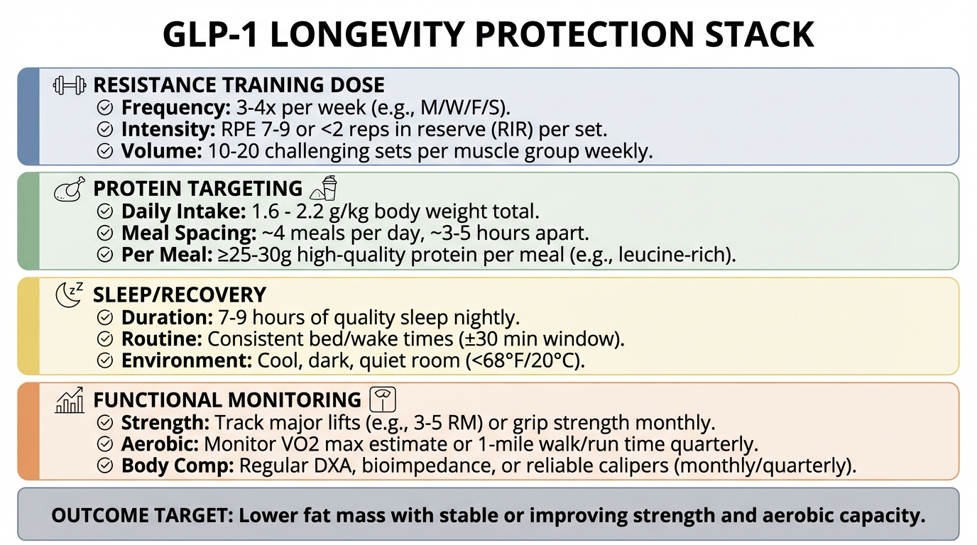 Stepwise intervention stack showing training, protein, recovery, and monitoring during GLP-1 treatment.