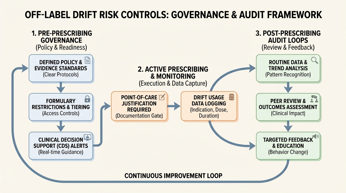 Risk control framework for off-label GLP-1 prescribing drift.