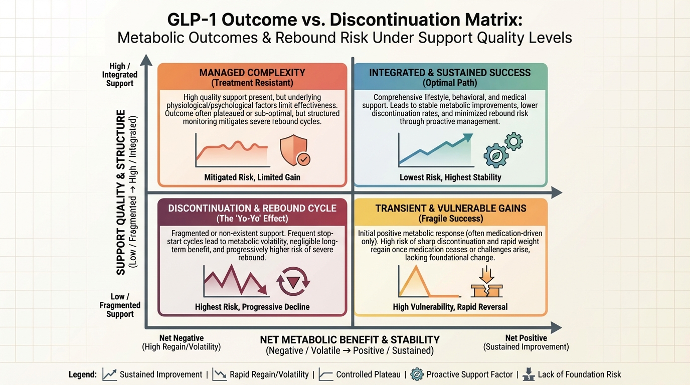 Matrix of GLP-1 outcome quality versus discontinuation and rebound risk.