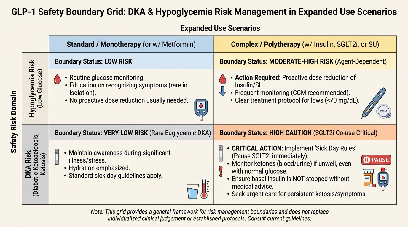 Safety grid for DKA and hypoglycemia boundary management in GLP-1 expansion scenarios.