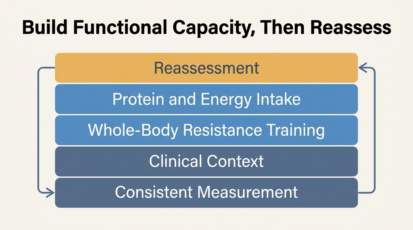 Editorial framework showing measurement, context, resistance training, nutrition and reassessment