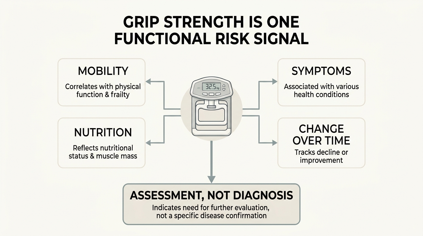 Longitudinal cohorts link lower grip strength with later disability in older adults. The test is a risk signal, not a diagnosis.