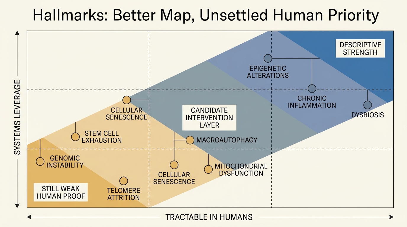 Editorial matrix comparing major hallmarks by systems leverage and human tractability, with macroautophagy, inflammation, dysbiosis, senescence, mitochondrial dysfunction, and stem-cell exhaustion plotted as distinct nodes.