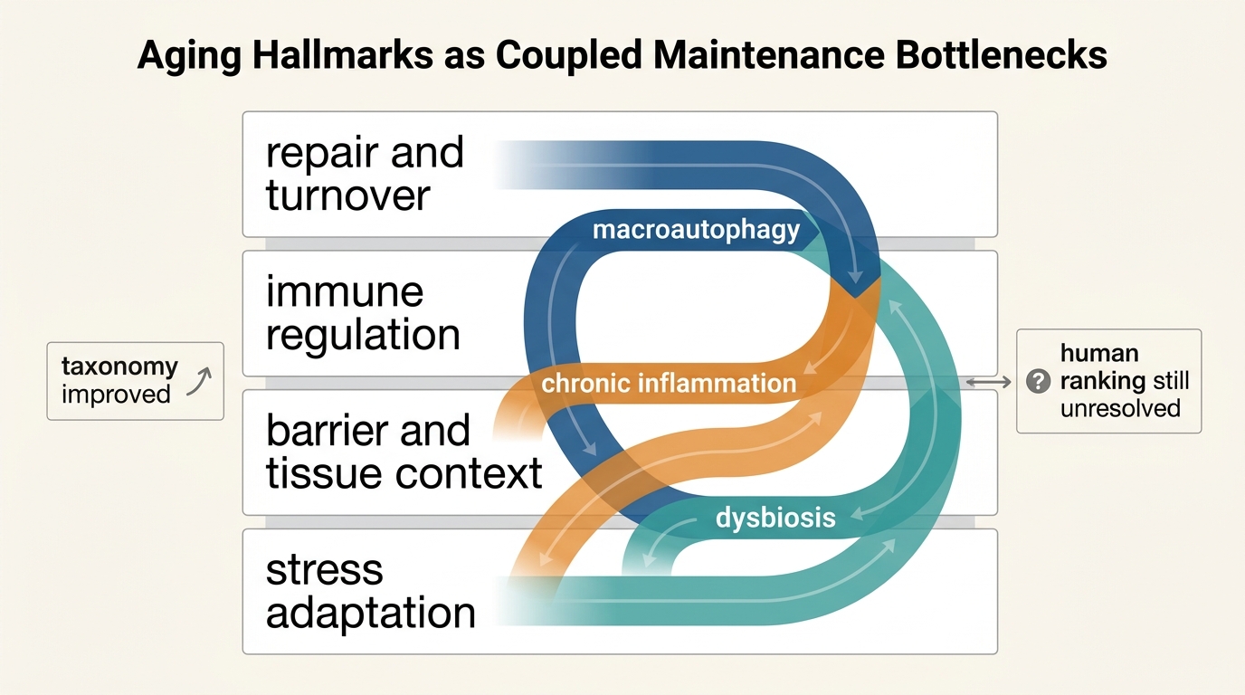 Layered maintenance diagram linking repair and turnover, immune regulation, barrier and tissue context, and stress adaptation to multiple hallmarks, with macroautophagy, inflammation, and dysbiosis spanning several layers.