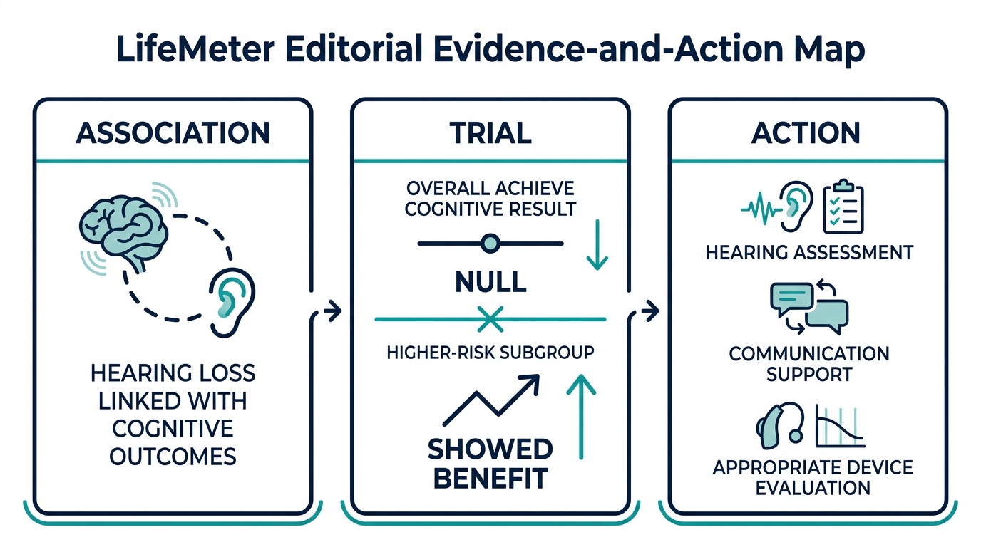 Evidence map distinguishing the hearing loss association, ACHIEVE overall and subgroup findings, and hearing-care actions