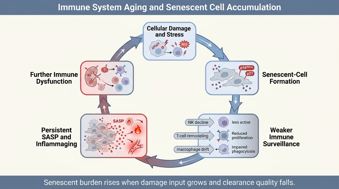 Immune aging and senescent-cell accumulation loop diagram