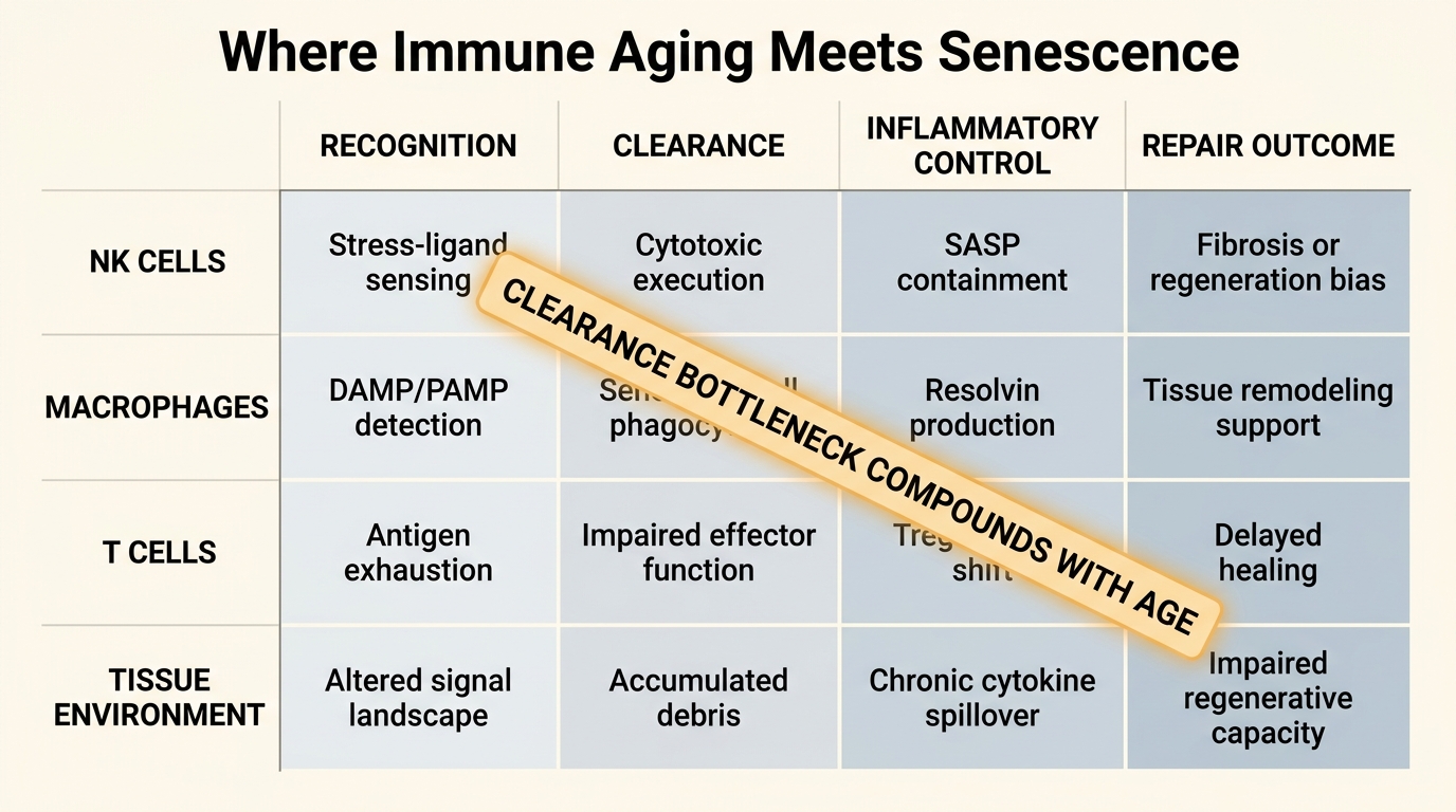 Matrix showing immune compartments such as NK cells, macrophages, T cells, and tissue environment against outcomes such as recognition, clearance, inflammation, and repair control.