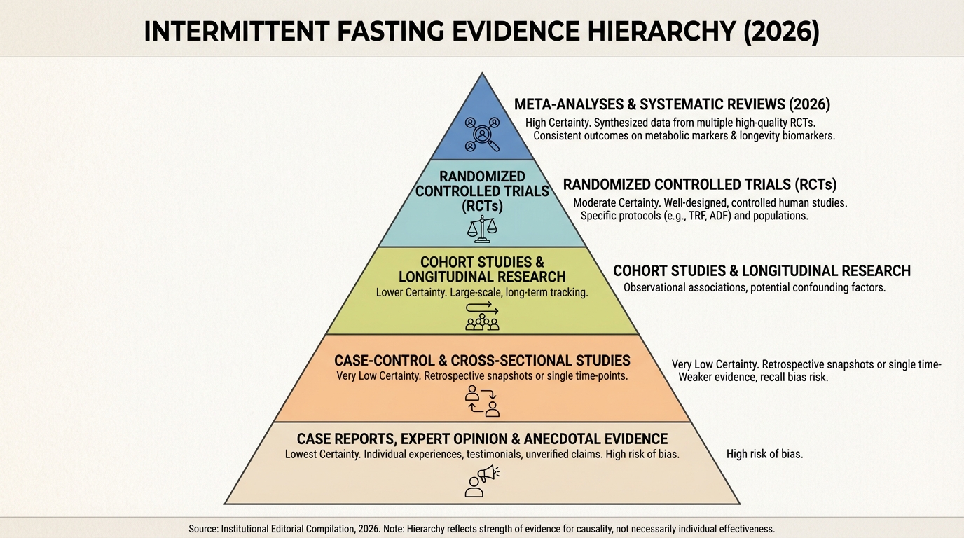 Evidence hierarchy showing where intermittent fasting claims are supported versus overstated in 2026