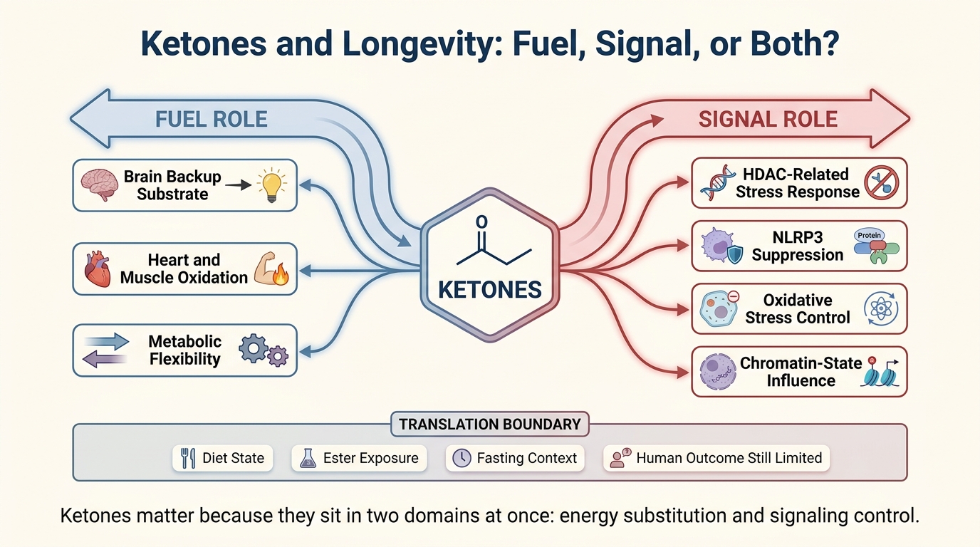 Systems map showing ketones splitting into fuel roles for brain, heart, and muscle and signaling roles affecting inflammation, oxidative stress, chromatin state, and stress adaptation.