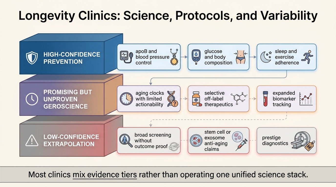 Evidence stack separating high-confidence prevention, promising but unproven geroscience, and low-confidence anti-aging extrapolation inside a longevity clinic offering.