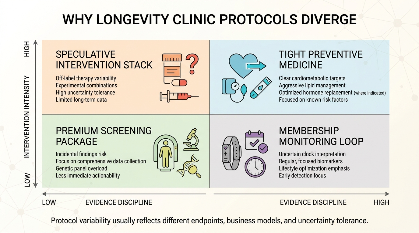 Matrix showing why longevity clinic protocols diverge across evidence discipline and intervention intensity.