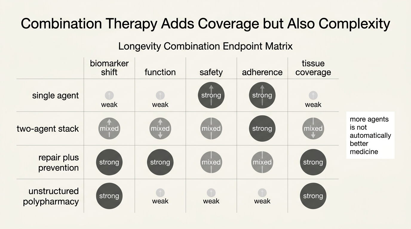 Endpoint matrix showing that biomarker movement, function, tolerability, and tissue coverage do not improve in lockstep under combination therapy.