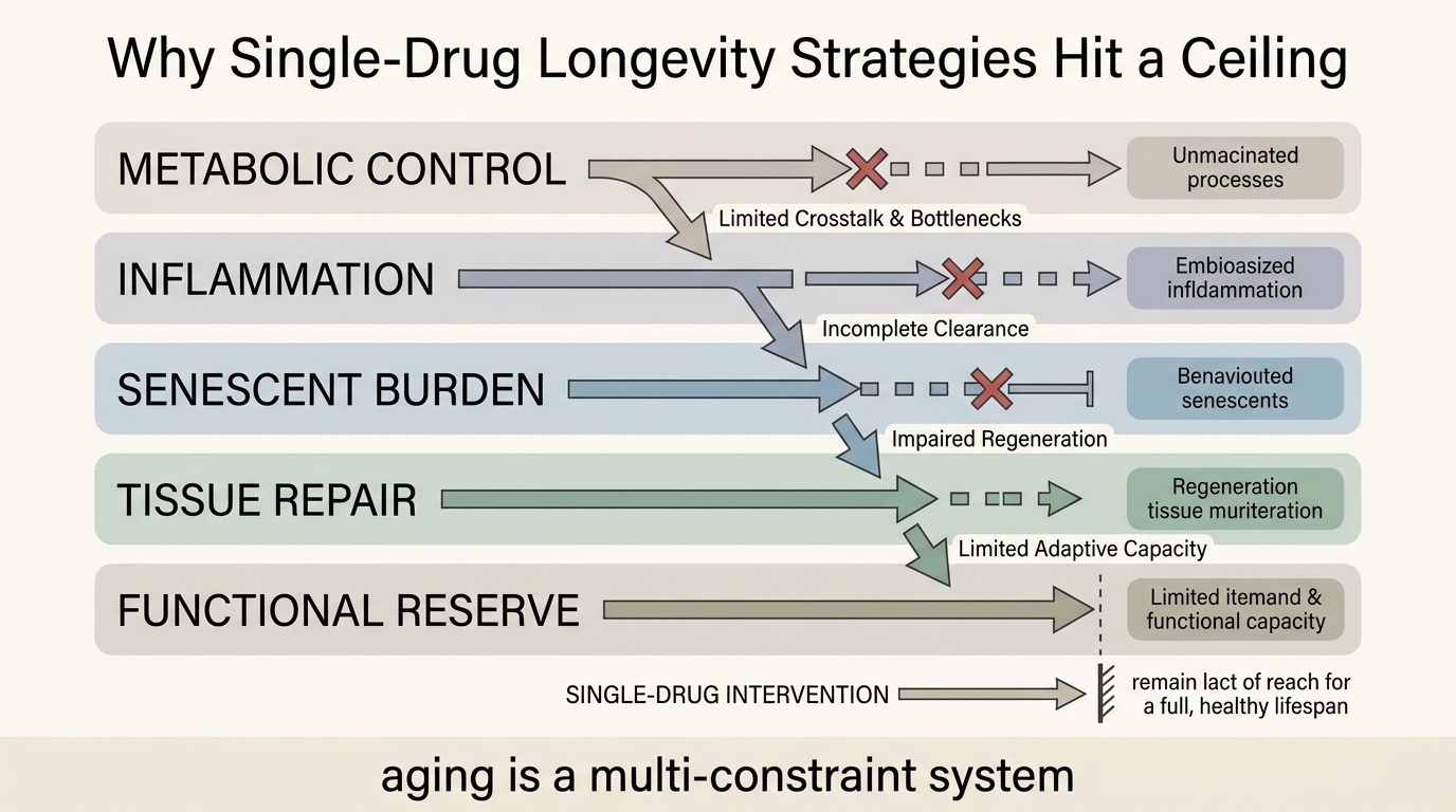 A 2026 LifeMeter analysis of why single-drug anti-aging strategies usually hit a systems ceiling and why combination logic has to be judged through function, safety, and tissue coverage.