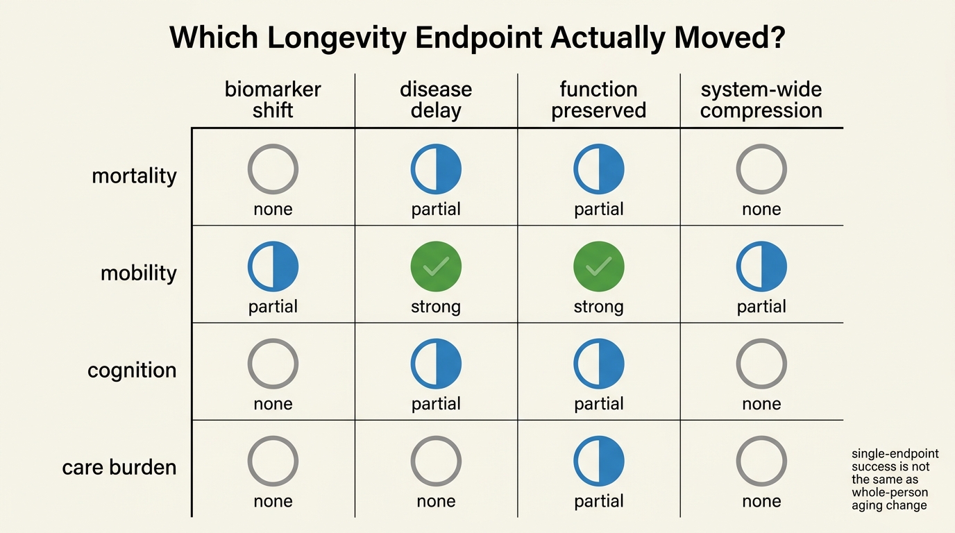 Decision grid separating interventions that improve biomarkers, delay disease, preserve function, or potentially shift several longevity endpoints at once.