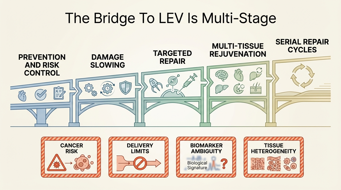 Bridge-style systems map showing how prevention, risk control, early rejuvenation tools, and future repair platforms would need to connect across multiple aging bottlenecks before a credible escape velocity path exists.