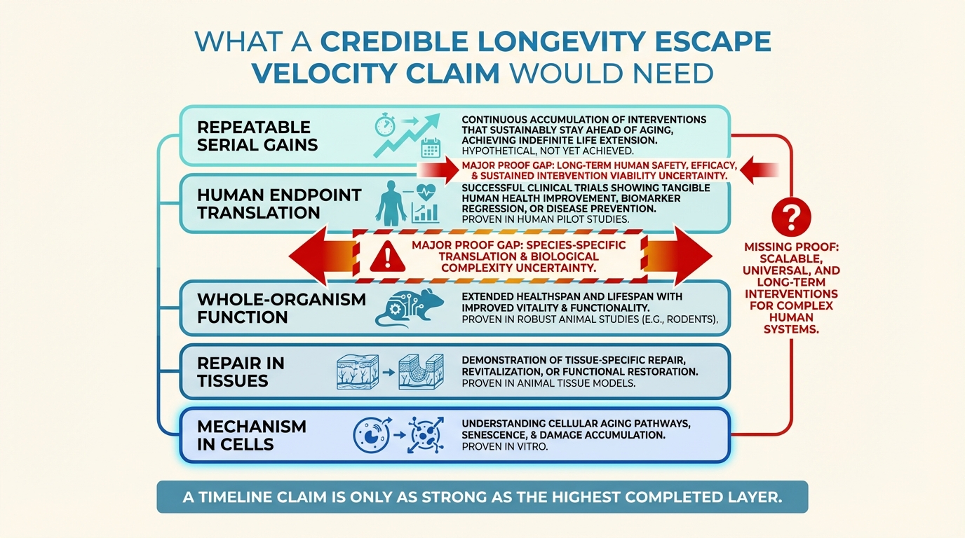 Editorial proof stack showing the evidence layers required for a credible longevity escape velocity claim from mechanism through human serial gains.