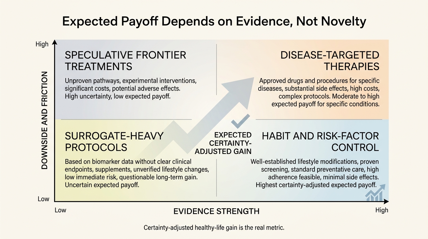 Editorial matrix comparing lower-risk validated interventions, disease-targeted therapies, surrogate-heavy protocols, and speculative frontier treatments by evidence strength, downside, and expected healthy-life payoff.