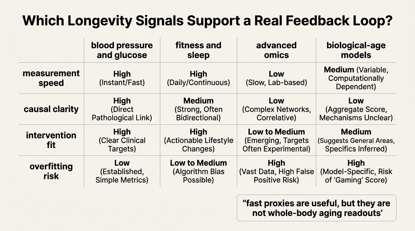 Editorial matrix comparing stronger and weaker longevity feedback signals across measurement speed, causal clarity, and intervention usefulness.