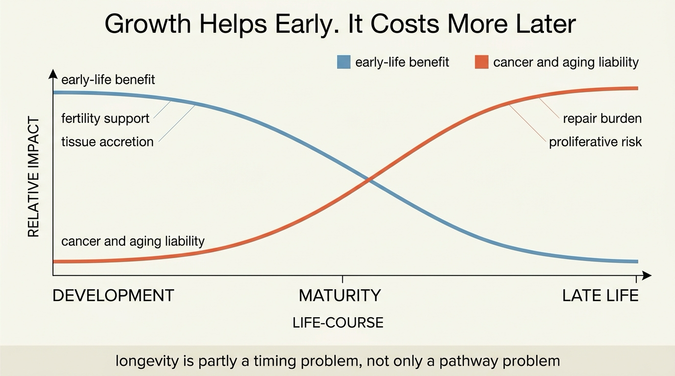 A 2026 LifeMeter analysis of why stronger growth signaling can support early-life development while increasing later-life cancer and aging liabilities.