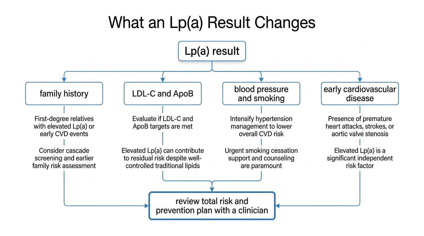 Decision map showing how an Lp(a) result should be considered with family history and cardiovascular risk factors