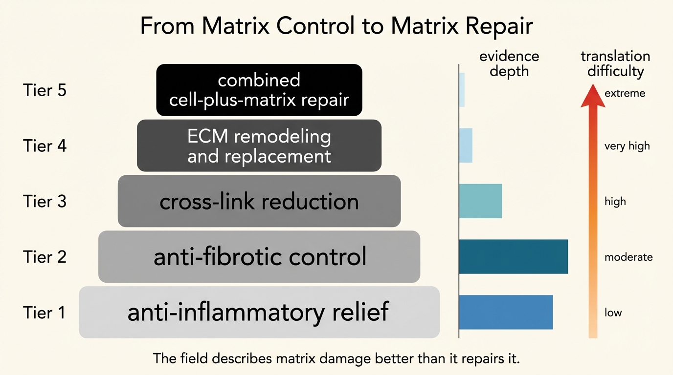 Intervention ladder comparing anti-fibrotic control, cross-link reduction, ECM remodeling, scaffold replacement, and combined cell-plus-matrix repair by evidence depth and difficulty.