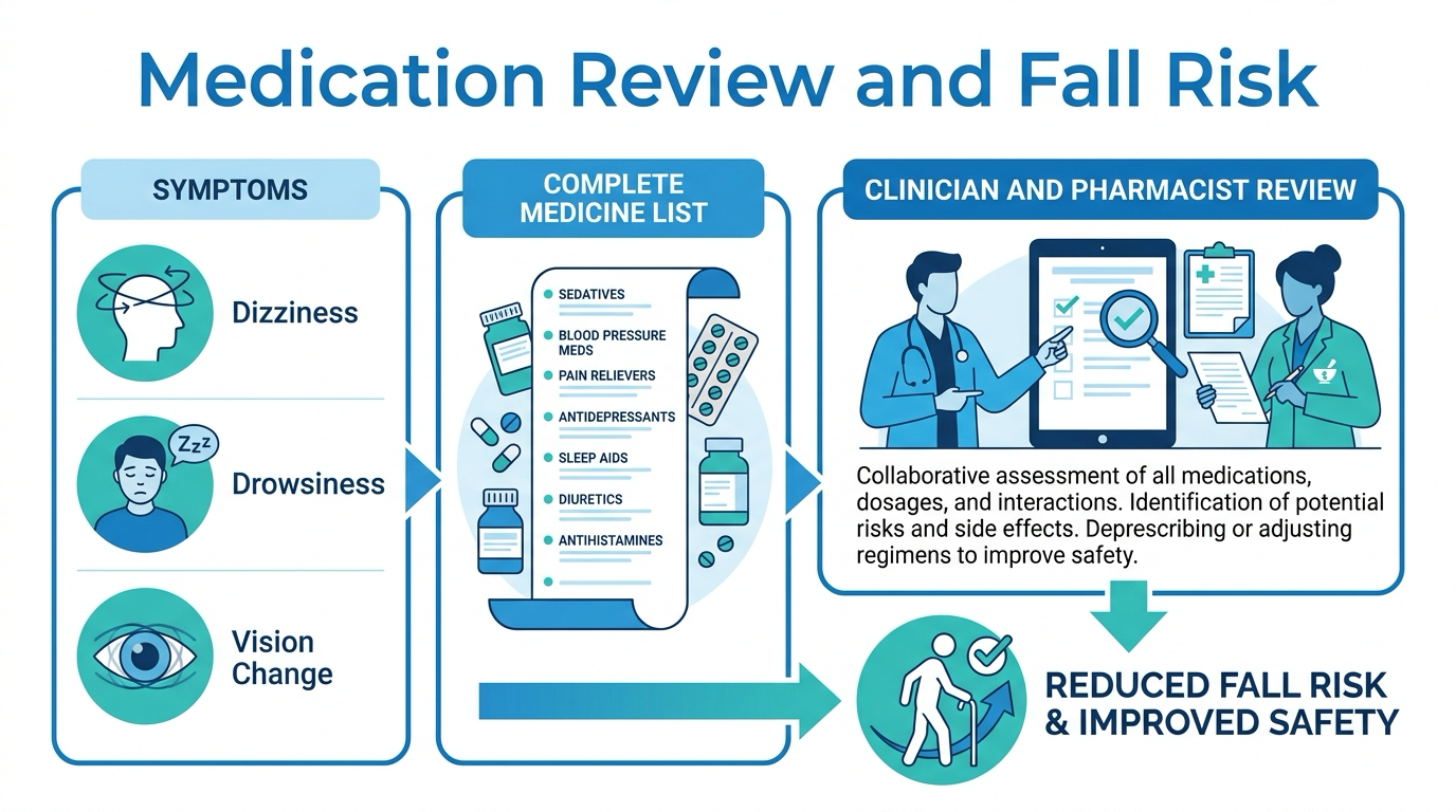 Medication-review map showing symptoms, medicines, and clinician or pharmacist follow-up for fall risk.