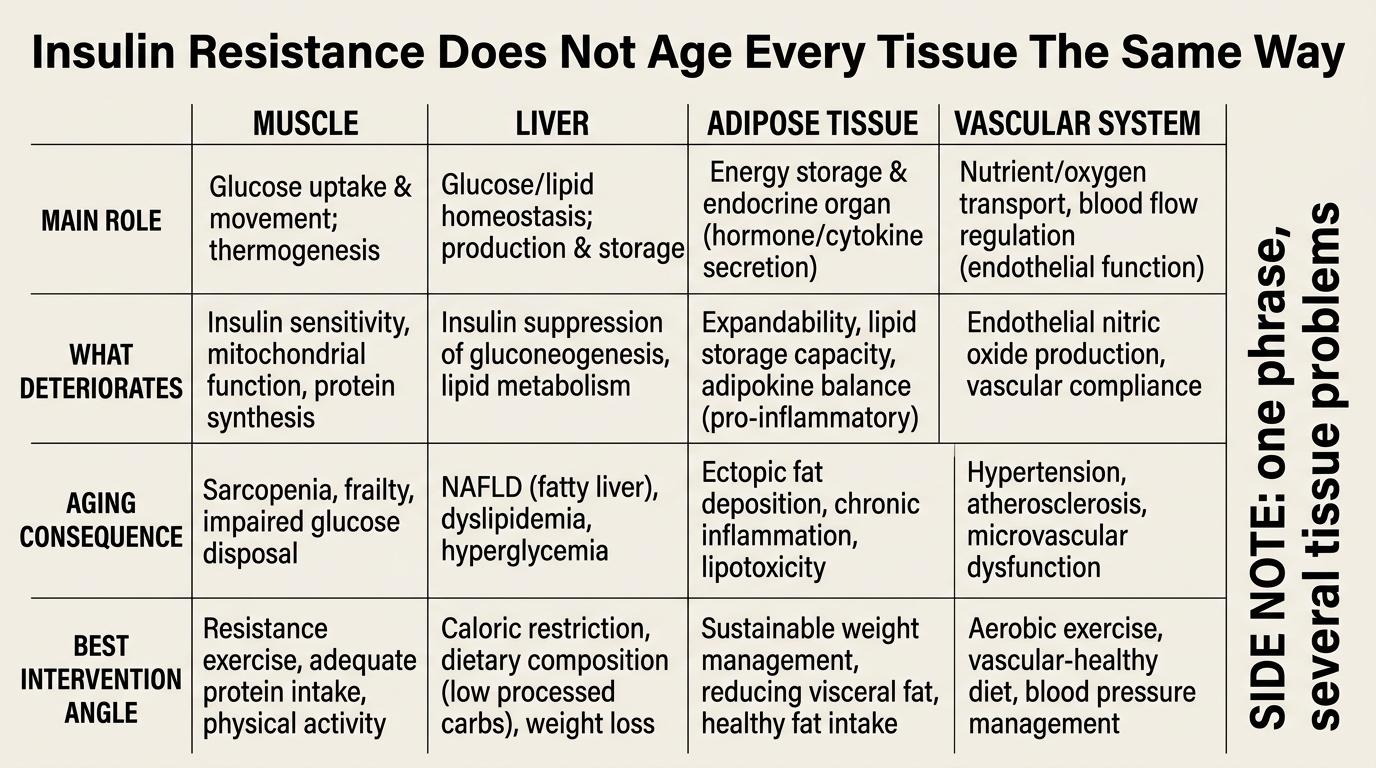 Comparison grid showing how muscle, liver, adipose tissue, and vascular tissue experience different aging consequences when insulin sensitivity falls.
