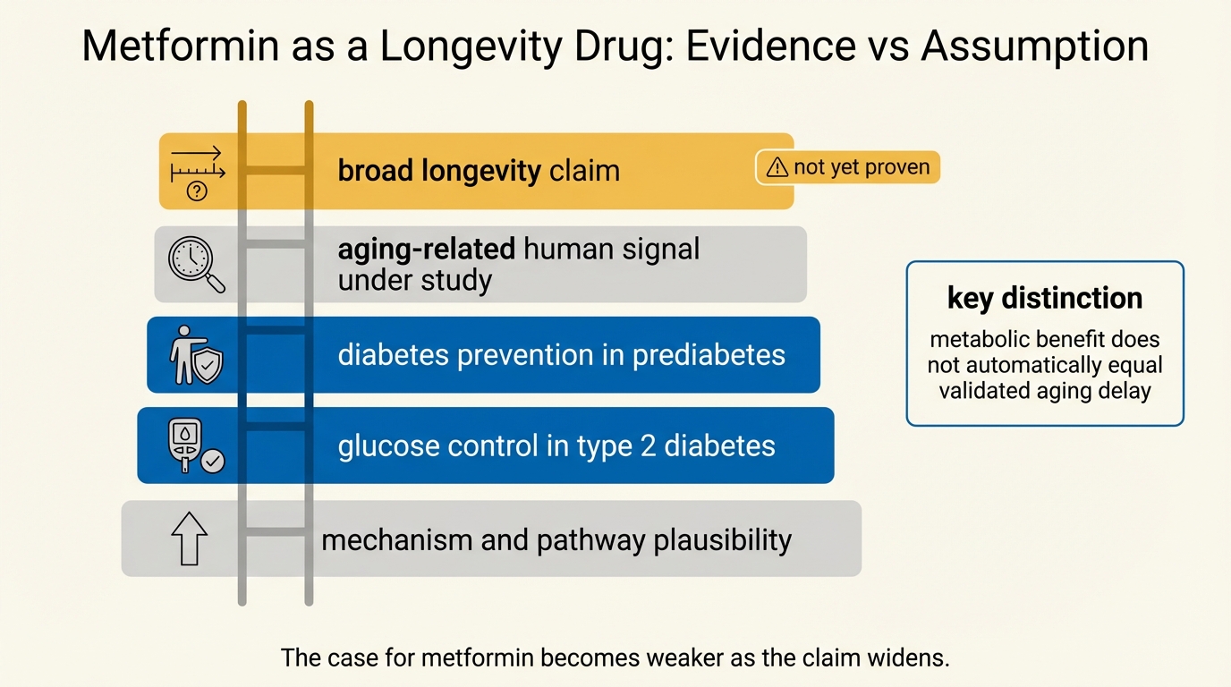 Evidence ladder separating established diabetes-prevention and metabolic evidence for metformin from the still-unproven broad longevity claim.