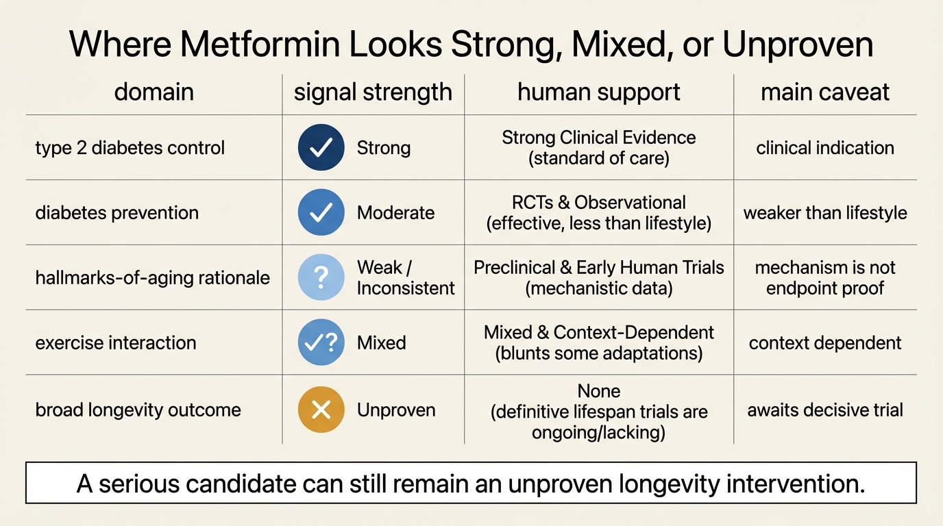 Comparison matrix separating strong metabolic indications, mixed aging-relevant findings, and the still-unproven claim of broad human longevity benefit.