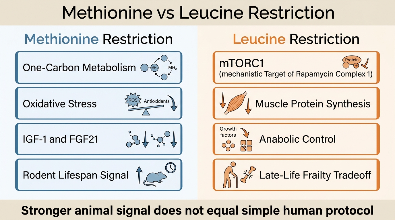 Editorial map contrasting methionine restriction benefits in nutrient signaling and stress adaptation against leucine restriction tradeoffs in muscle maintenance and functional aging.