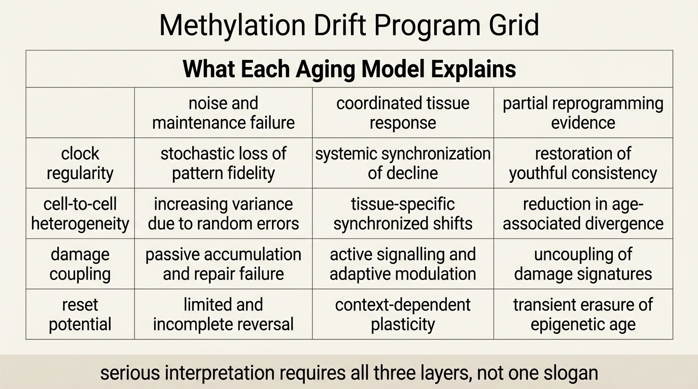 Comparison grid contrasting stochastic drift, tissue-state adaptation, and partial reprogramming evidence across aging epigenetics.