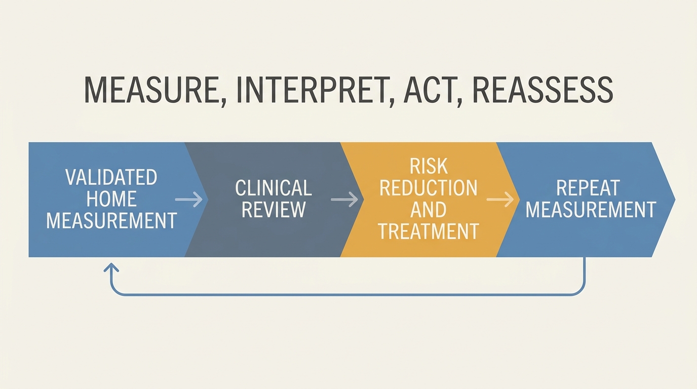 Editorial diagram showing blood pressure measurement, clinical review, interventions and reassessment