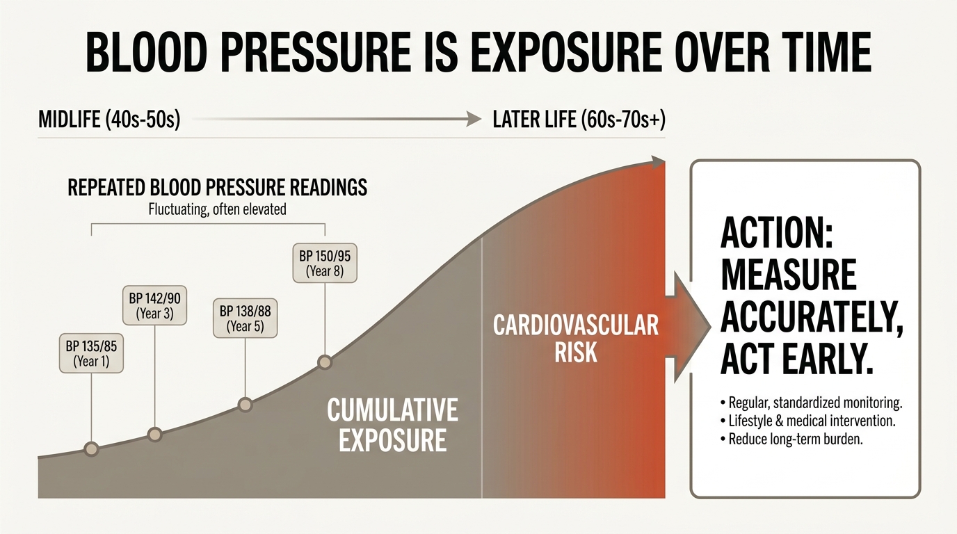Blood-pressure exposure in midlife is a cumulative cardiovascular risk signal. Measure it accurately and act before symptoms arrive.