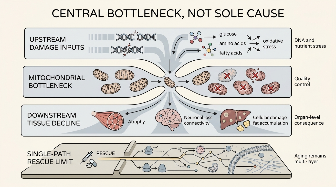 Layered editorial stack comparing upstream drivers, mitochondrial bottlenecks, downstream tissue consequences, and the limits of single-pathway rescue.