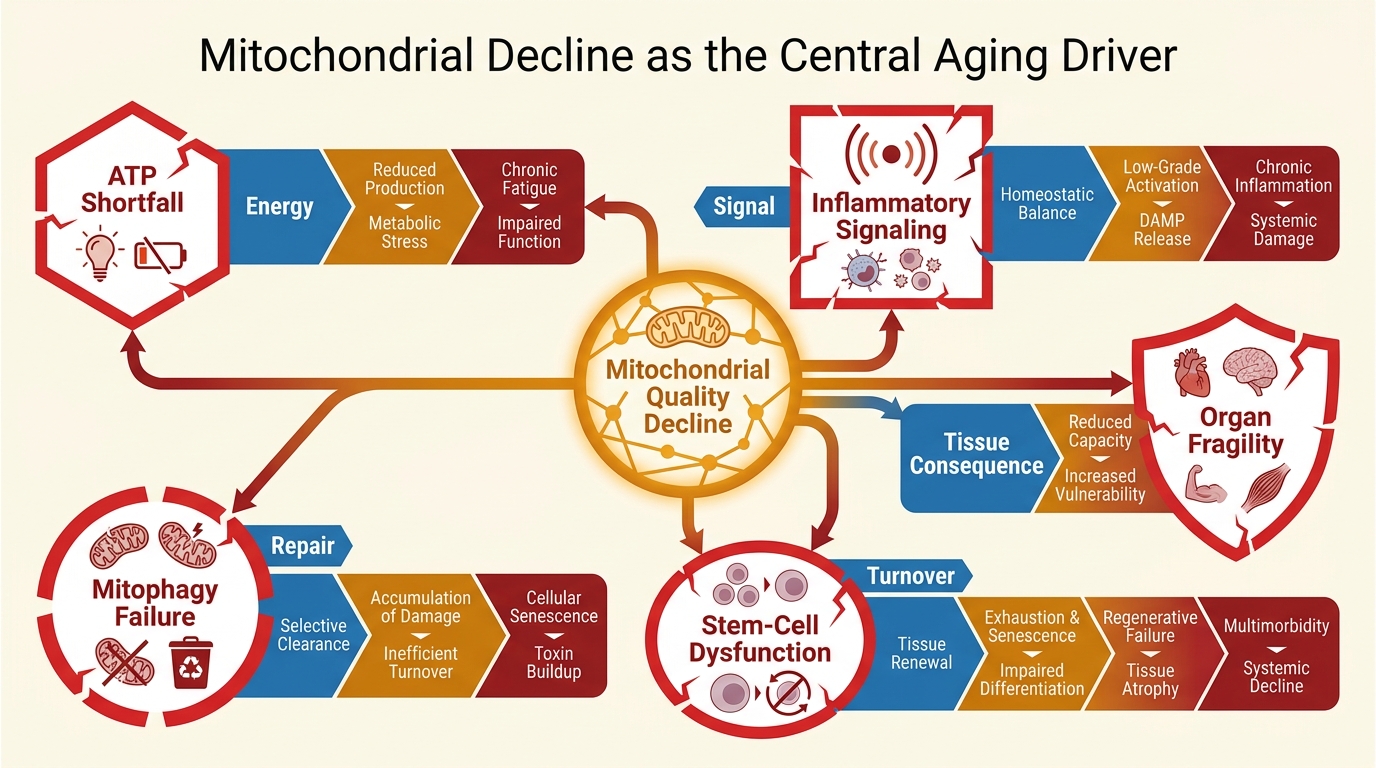Editorial network map placing mitochondrial decline between energy production, oxidative signaling, mitophagy, inflammation, stem-cell maintenance, and tissue repair.