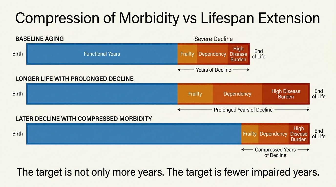 A 2026 LifeMeter analysis of how compression of morbidity differs from simple lifespan extension and why fewer impaired late-life years is the harder but more useful longevity target.