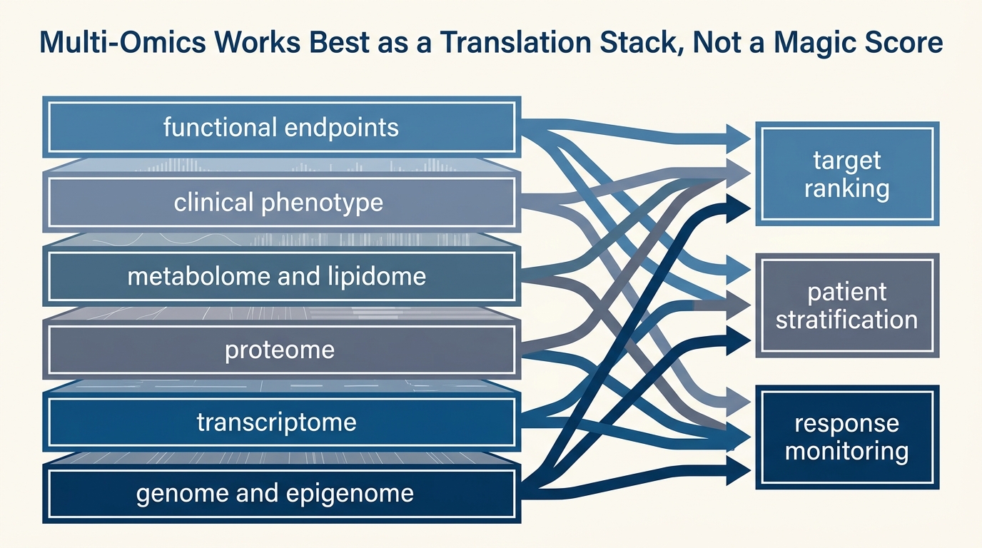 Editorial stack showing genomic, epigenomic, transcriptomic, proteomic, metabolomic, and clinical layers converging toward target ranking, intervention monitoring, and clinical endpoints.