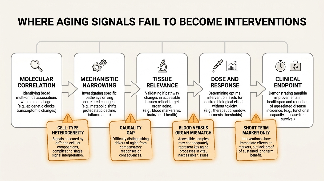 Editorial diagram showing the path from molecular signal to target validation, patient stratification, dose selection, short-term pharmacodynamic response, and long-term clinical endpoint confirmation.