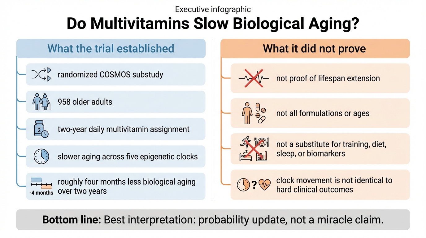 Infographic separating what the COSMOS multivitamin clock study established from what it did not prove
