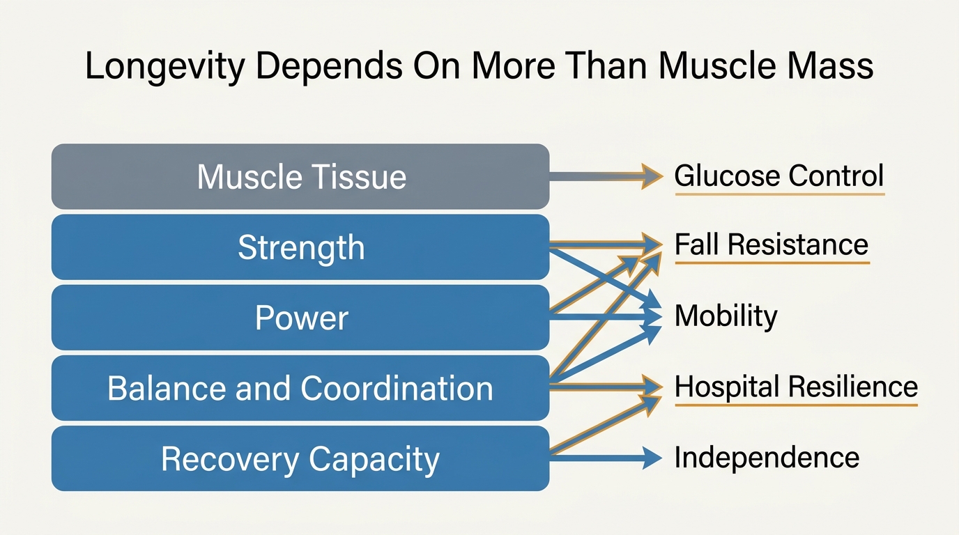 Editorial framework comparing muscle mass, strength, power, balance, and recovery capacity as stacked layers of resilience.