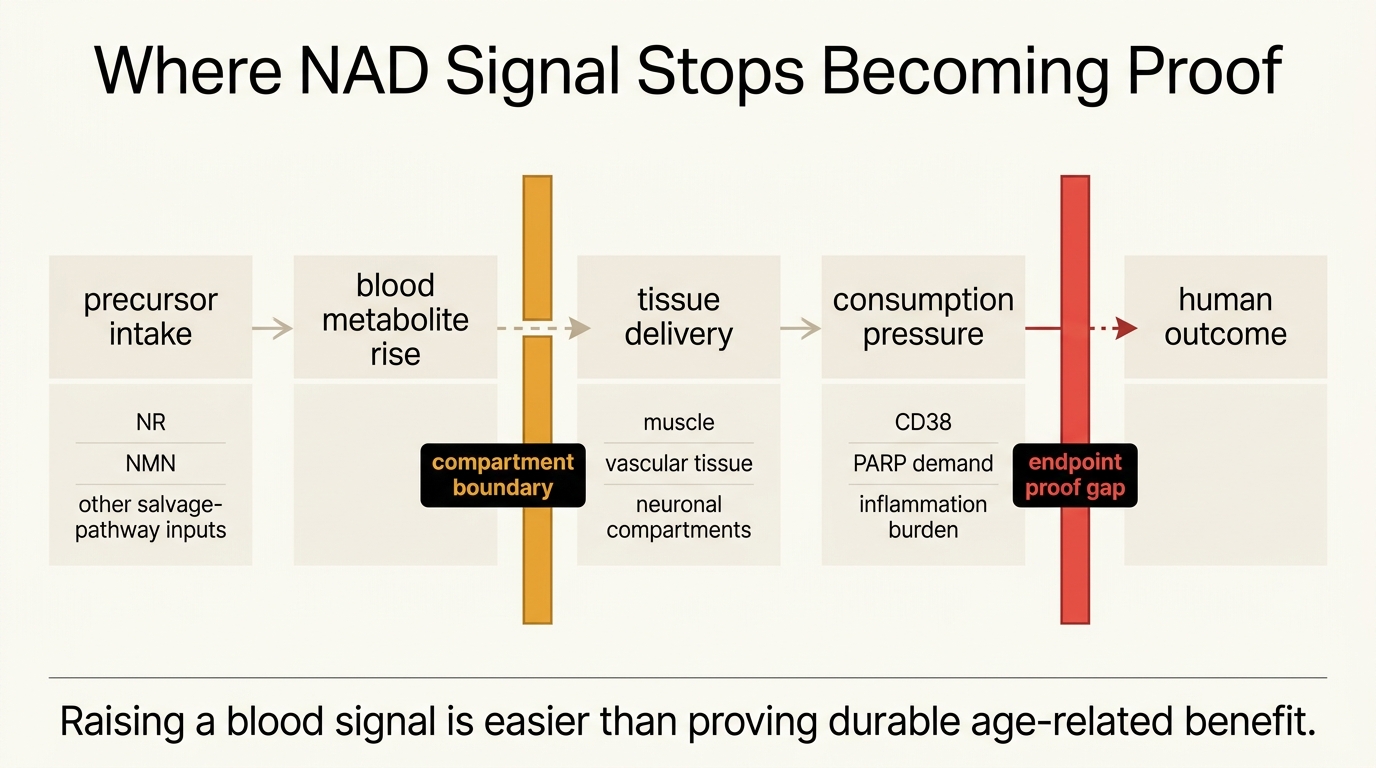 Editorial pathway map separating precursor intake, blood-level signal, tissue delivery, consumption pressure, and durable clinical outcome in NAD restoration.