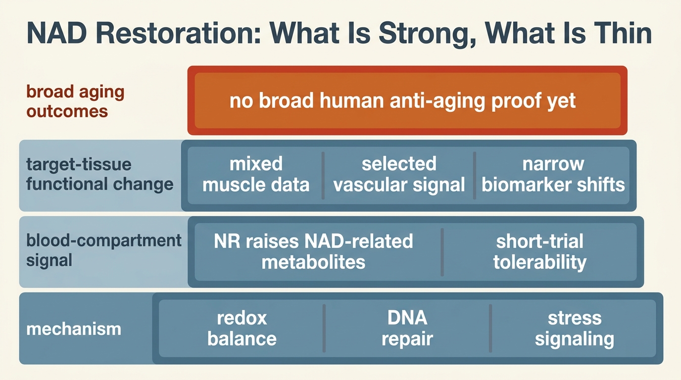 Evidence stack contrasting strong mechanism and blood-compartment signal with mixed tissue data and still-limited broad aging outcomes in humans.