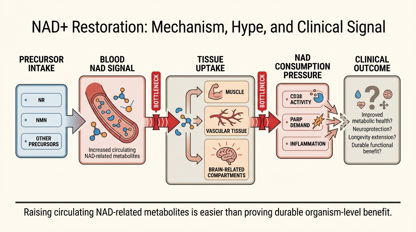 Pathway diagram showing precursor intake, blood NAD signals, tissue uptake, and downstream bottlenecks that limit broad clinical benefit.