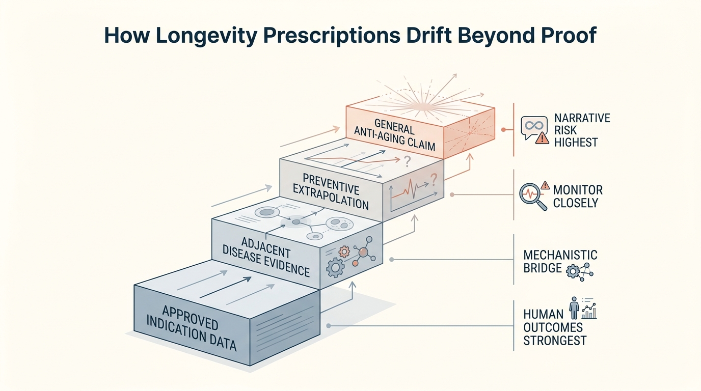 Evidence ladder showing approved use at the top of governance clarity, then condition-specific off-label use, then extrapolated preventive use, then compounded or marketing-heavy anti-aging claims.