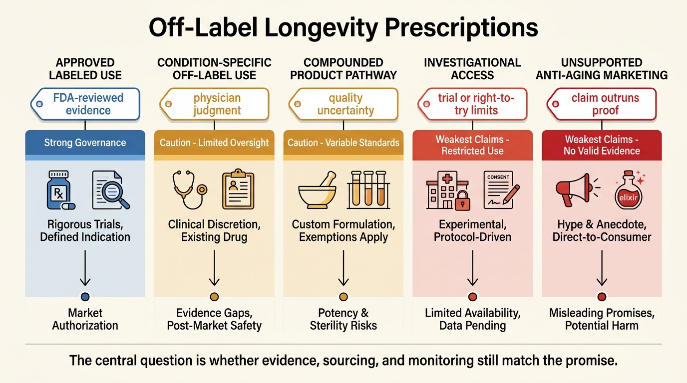 Editorial governance map separating approved on-label use, lawful off-label prescribing, compounded-drug pathways, investigational access, and unsupported anti-aging claims.